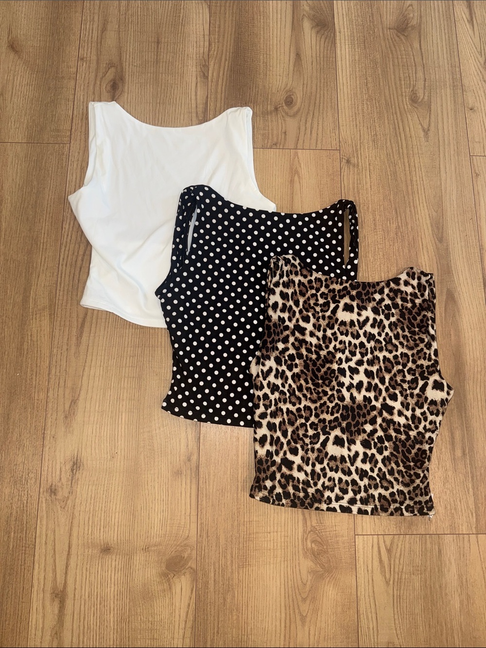 3-Pack Women’s Backless Tank Tops - White, Black Polka Dot, Leopard Print